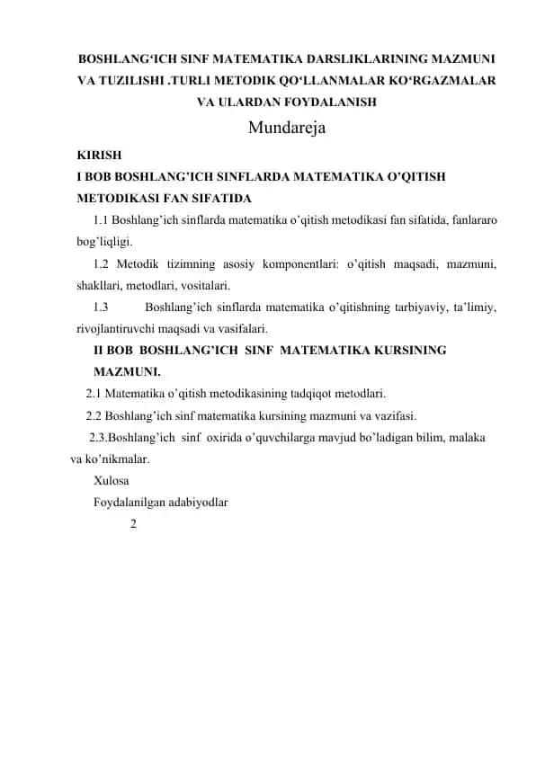 BOSHLANGʻICH SINF MATEMATIKA DARSLIKLARINING MAZMUNI VA TUZILISHI .