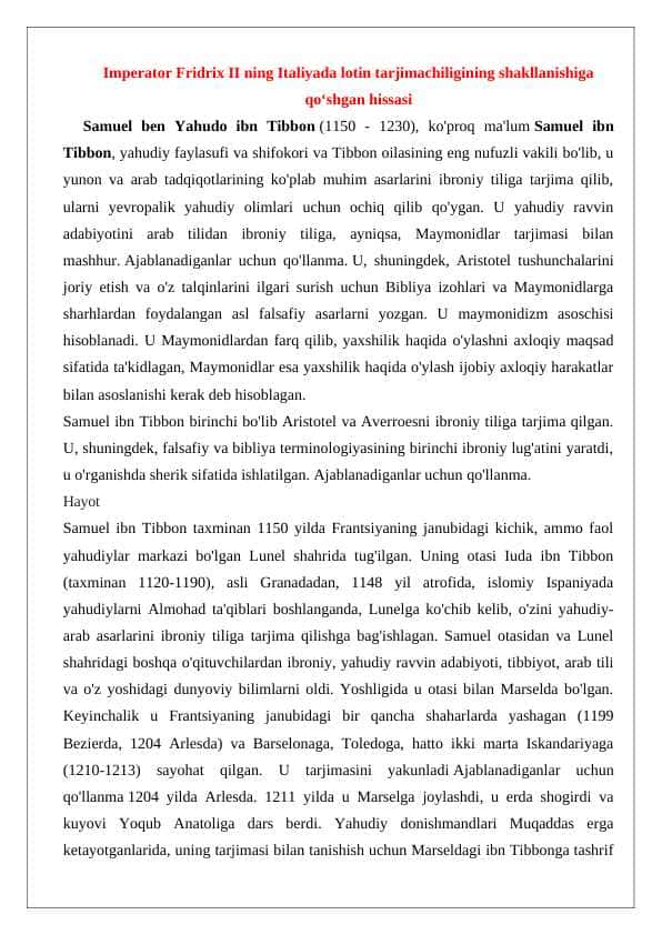 Imperator Fridrix II ning Italiyada lotin tarjimachiligining shakllanishiga qoʻshgan hissasi 24