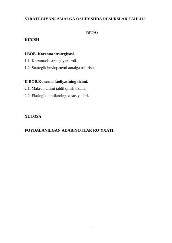 STRATEGIYANI AMALGA OSHIRISHDA RESURSLAR TAHLILI