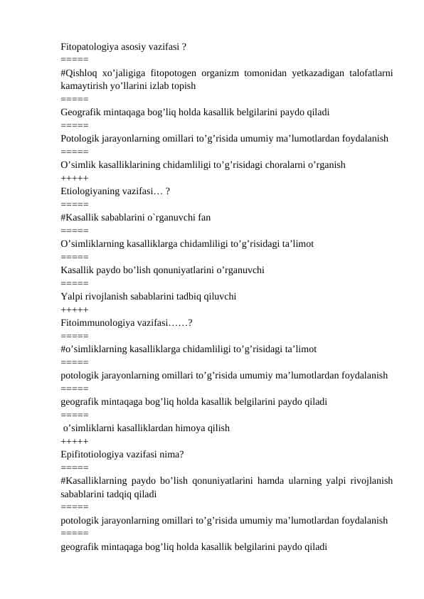 Fitopotologiyadan yakuniy test savollari javobi bilan
