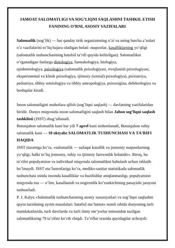 JAMOAT SALOMATLIGI VA SOG’LIQNI SAQLASHNI TASHKIL ETISH FANINING O’RNI, ASOSIY VAZIFALARI