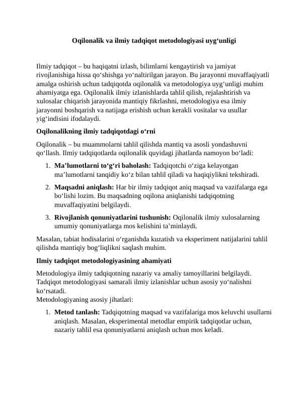 Oqilonalik va ilmiy tadqiqot metodologiyasi uyg‘unligi ESSE