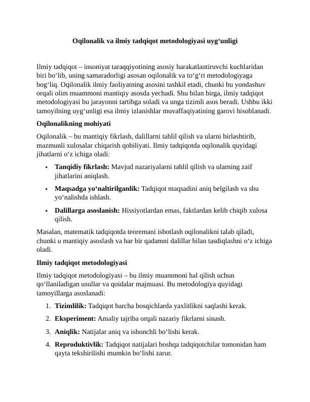Oqilonalik va ilmiy tadqiqot metodologiyasi uyg‘unligi 1 ESSE