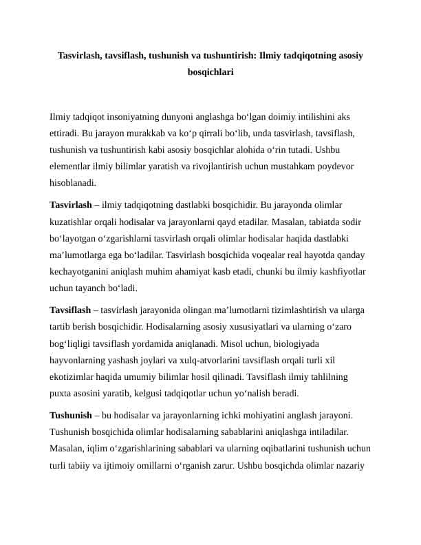 Tasvirlash, tavsiflash, tushunish va tushuntirishning ilmiy tadqiqotdagi o‘rni 2 ESSE