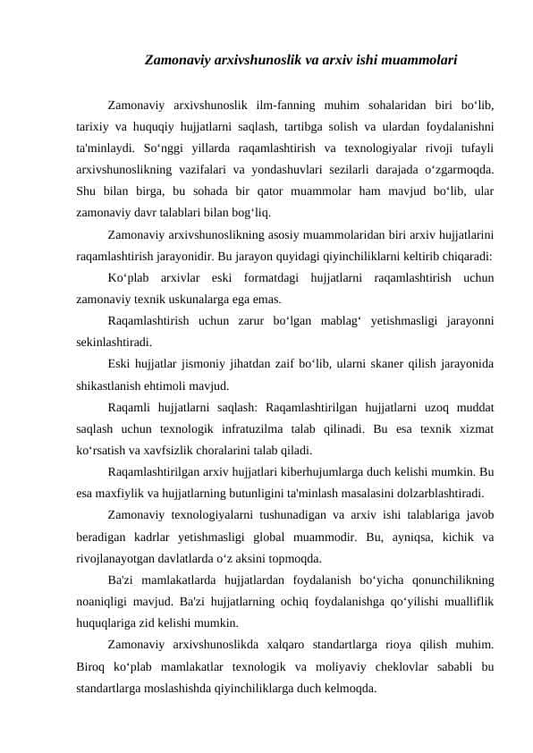 Zamonaviy arxivshunoslik va arxiv ishi muammolari