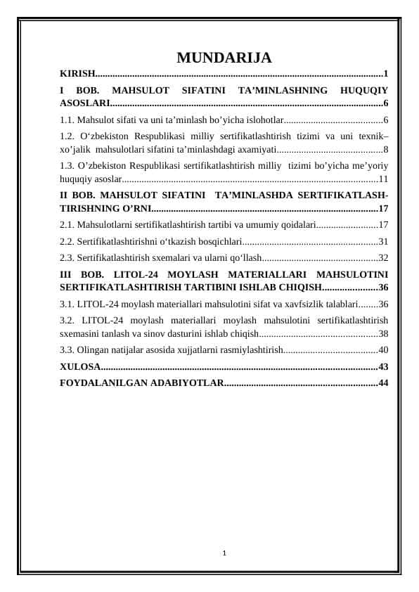 LITOL-24 moylash materiallari mahsulotlarini sertifikatlashtirish tartibini ishlab chiqish