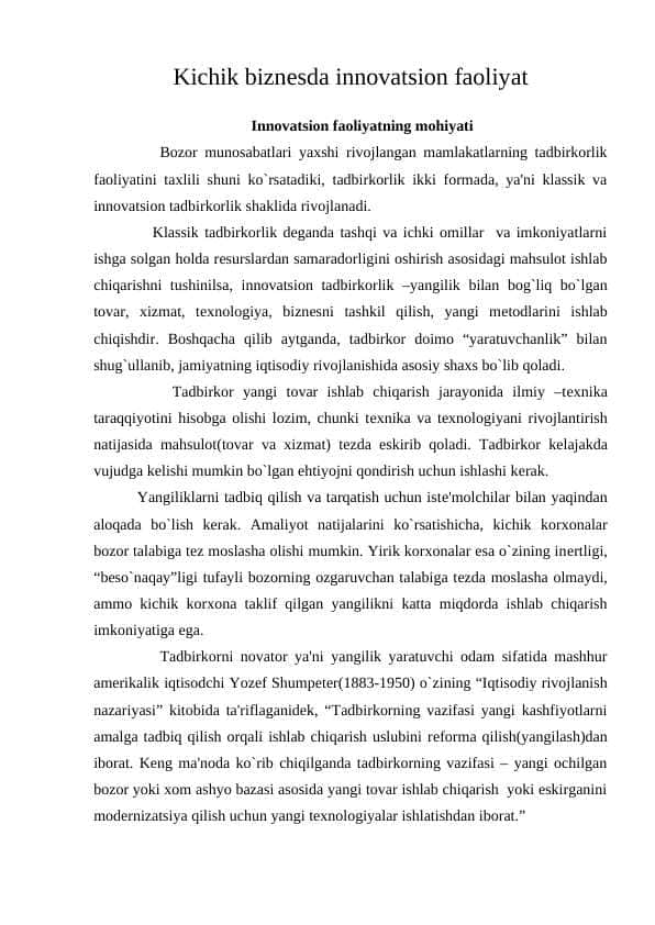 Kichik biznеsda innovatsion faoliyаt