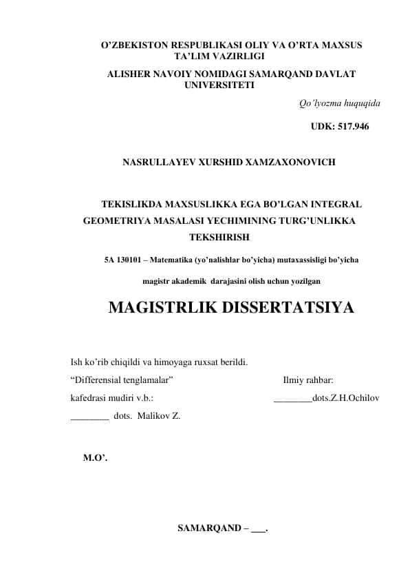 TEKISLIKDA MAXSUSLIKKA EGA BO’LGAN INTEGRAL GEOMETRIYA MASALASI YECHIMINING TURG’UNLIKKA TEKSHIRISH