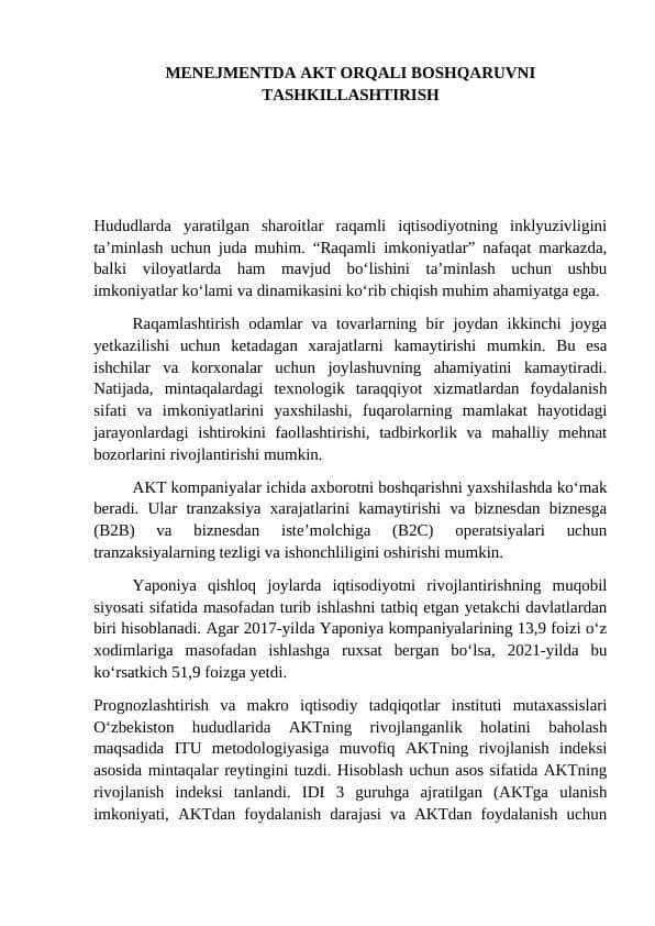 MENEJMENTDA AKT ORQALI BOSHQARUVNI TASHKILLASHTIRISH