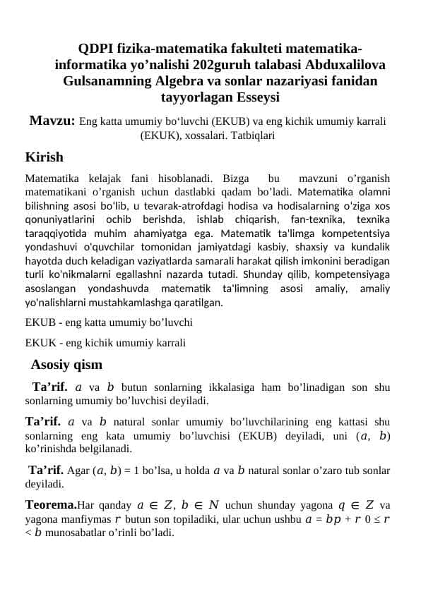 Algebradan oraliq nazorati