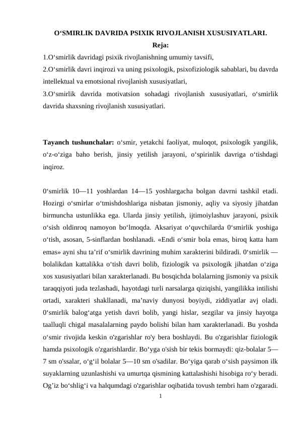 O‘SMIRLIK DAVRIDA PSIXIK RIVOJLANISH XUSUSIYATLARI