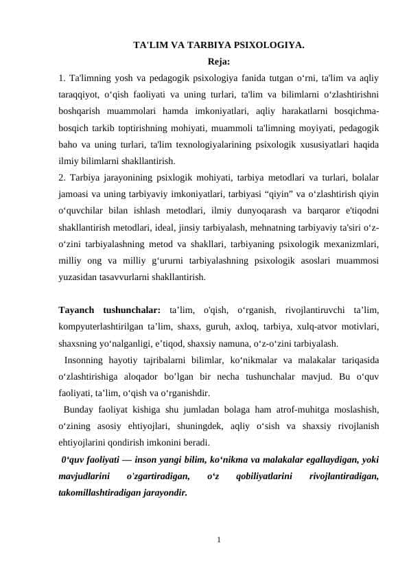 TA'LIM VA TARBIYA PSIXOLOGIYA