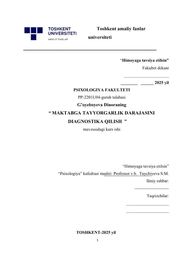 MAKTABGA TAYYORGARLIK DARAJASINI DIAGNOSTIKA QILISH .docx