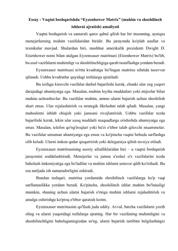 Vaqtni boshqarishda “Eyzenhower Matrix” (muhim va shoshilinch ishlarni ajratish) amaliyoti