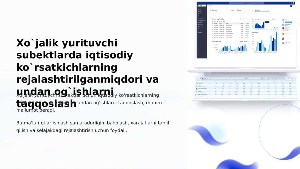 Xo`jalik yurituvchi subektlarda iqtisodiy ko`rsatkichlarning rejalashtirilgan miqdori va undan og`ishlarni taqqoslash