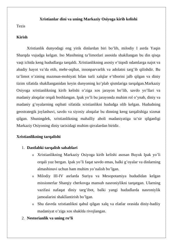 Xristianlar dini va uning Markaziy Osiyoga kirib kelishi
