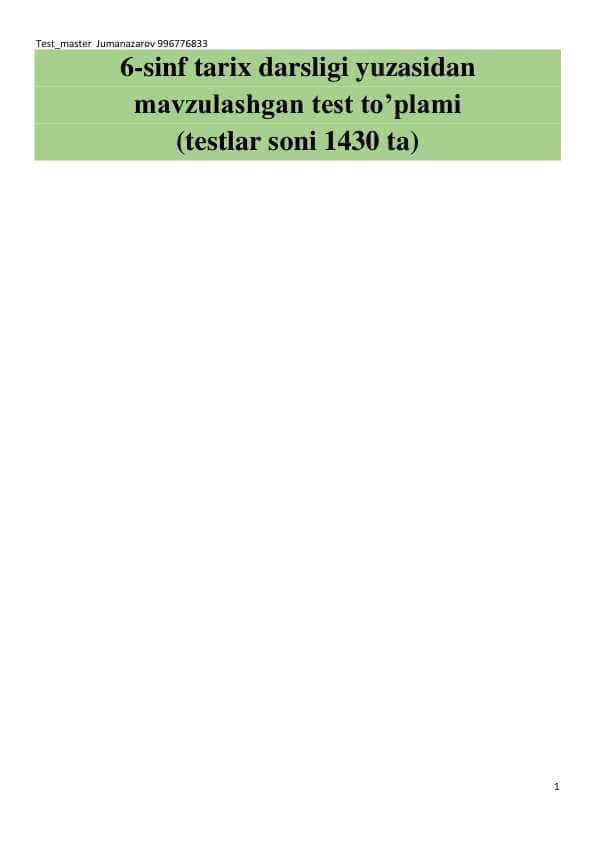 Tarix mavzulashtirilgan test savollari 6-sinf