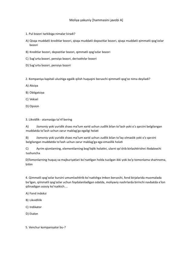 Moliya fanidan test bazasi