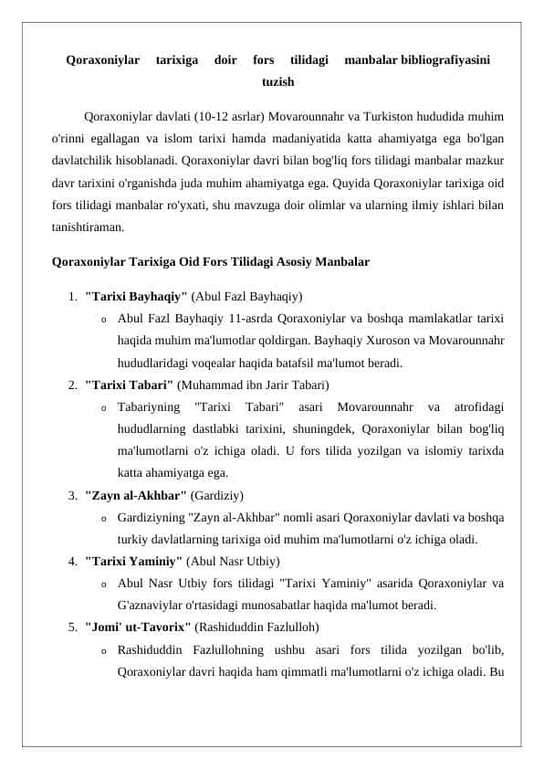Qoraxoniylar tarixiga doir fors tilidagi manbalar bibliografiyasini tuzish