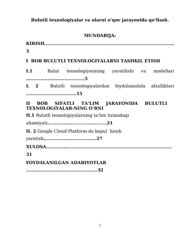 Bulutli texnologiyalar va ularni oʻquv jarayonida qoʻllash.