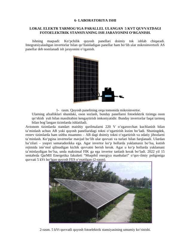 LOKAL ELEKTR TARMOG‘IGA PARALLEL ULANGAN 5 KVT QUVVATDAGI FOTOELEKTRIK STANSIYANING ISH JARAYONINI O‘RGANISH.