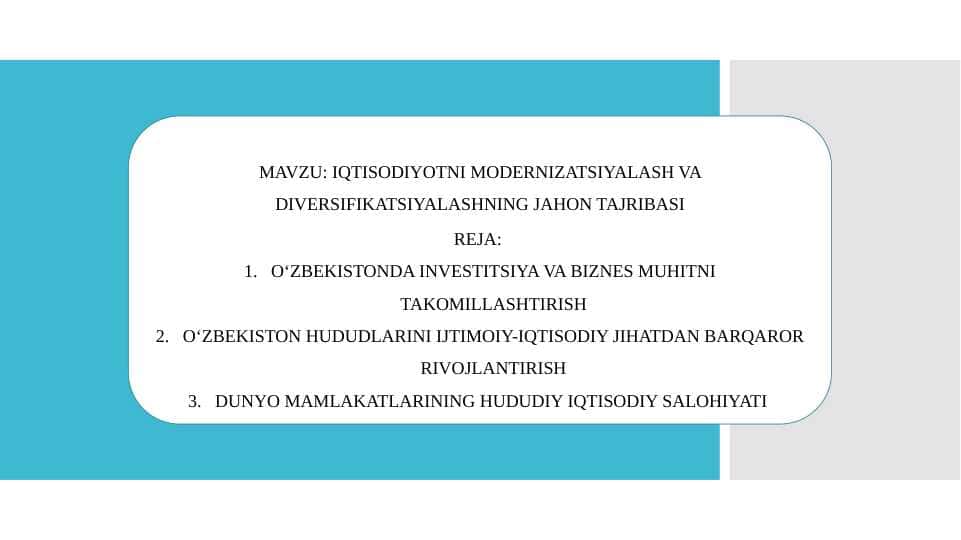 IQTISODIYOTNI MODERNIZATSIYALASH VA DIVERSIFIKATSIYALASHNING JAHON TAJRIBASI