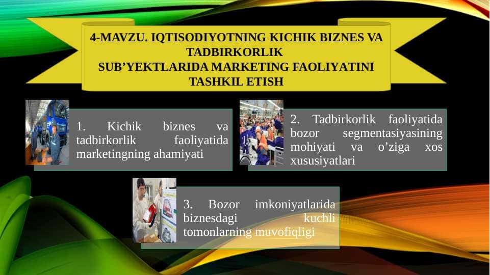 IQTISODIYOTNING KICHIK BIZNES VA TADBIRKORLIK
SUB’YEKTLARIDA MARKETING FAOLIYATINI TASHKIL ETISH