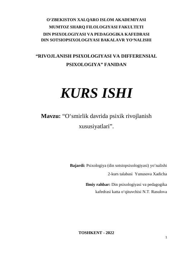 O‘smirlik davrida psixik rivojlanish xususiyatlari