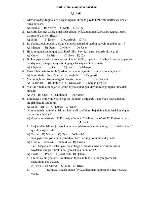 5-sinf olimpiyada test