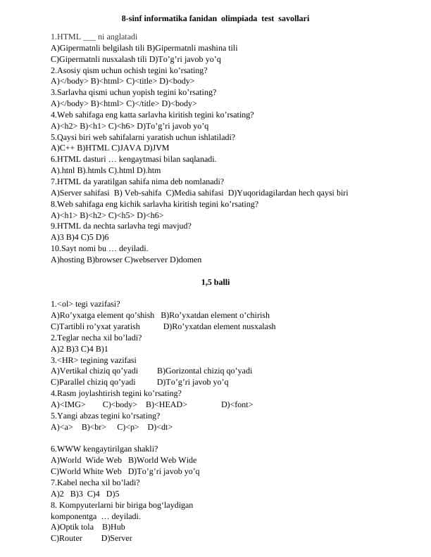 8-sinf. olimpiyada test