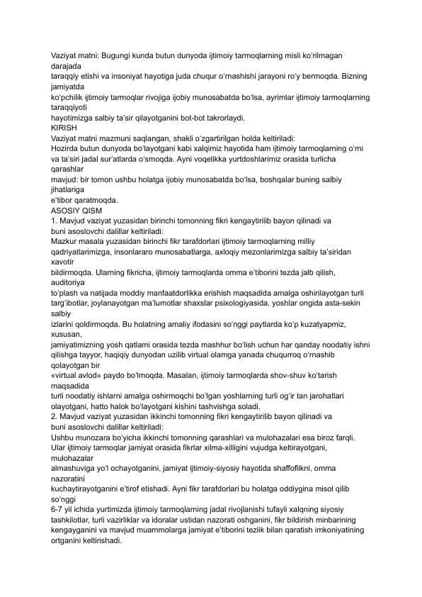 Bugungi kunda butun dunyoda ijtimoiy tarmoqlarning misli koʻrilmagan darajada taraqqiy etishi va insoniyat hayotiga juda chuqur oʻrnashishi jarayoni roʻy bermoqda. Bizning jamiyatda koʻpchilik ijtimoiy tarmoqlar rivojiga ijobiy munosabatda boʻlsa, ayrimlar ijtimoiy tarmoqlarning taraqqiyoti hayotimizga salbiy ta’sir qilayotganini bot-bot takrorlaydi.