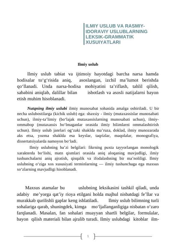 ILMIY USLUB VA RASMIY-IDORAVIY USLUBLARNING LEKSIK-GRAMMATIK XUSUIYATLARI