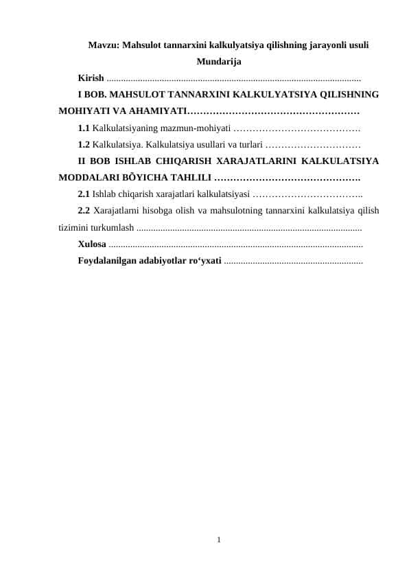 Mahsulot tannarxini kalkulyatsiya qilishning jarayonli usuli