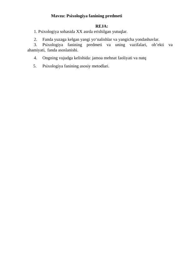 Psixologiya fanining predmeti