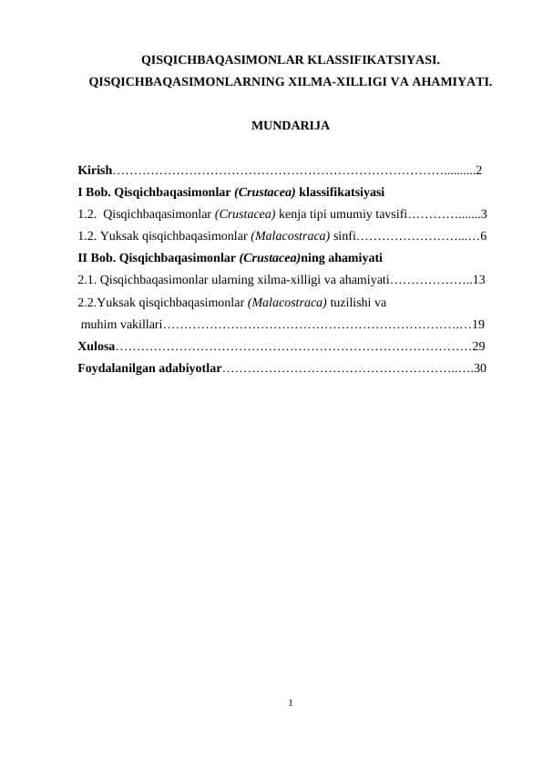 QISQICHBAQASIMONLAR KLASSIFIKATSIYASI. QISQICHBAQASIMONLARNING XILMA-XILLIGI VA AHAMIYATI.
