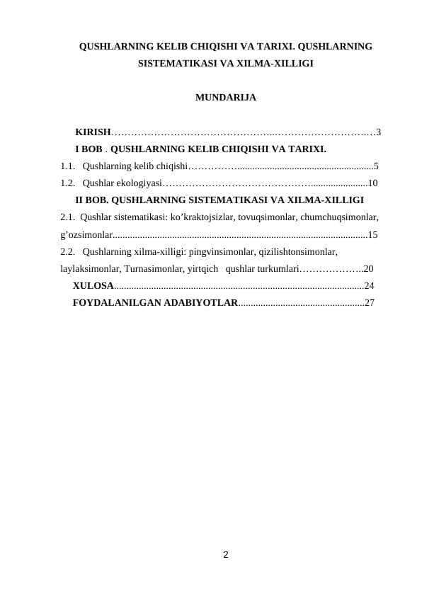 QUSHLARNING KELIB CHIQISHI VA TARIXI. QUSHLARNING SISTEMATIKASI VA XILMA-XILLIGI
