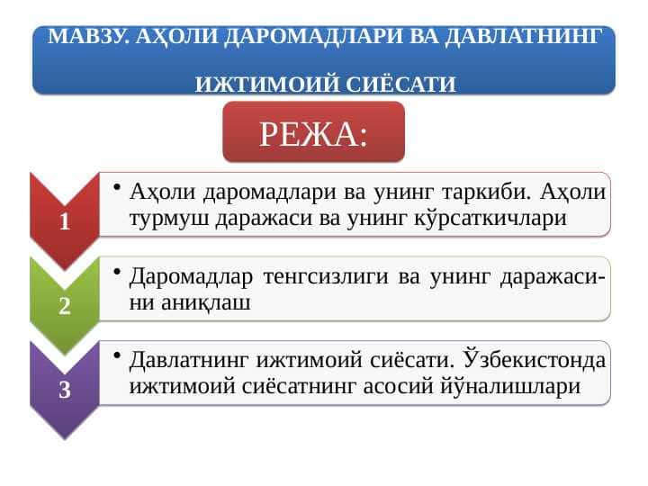 АҲОЛИ ДАРОМАДЛАРИ ВА ДАВЛАТНИНГ ИЖТИМОИЙ СИЁСАТИ