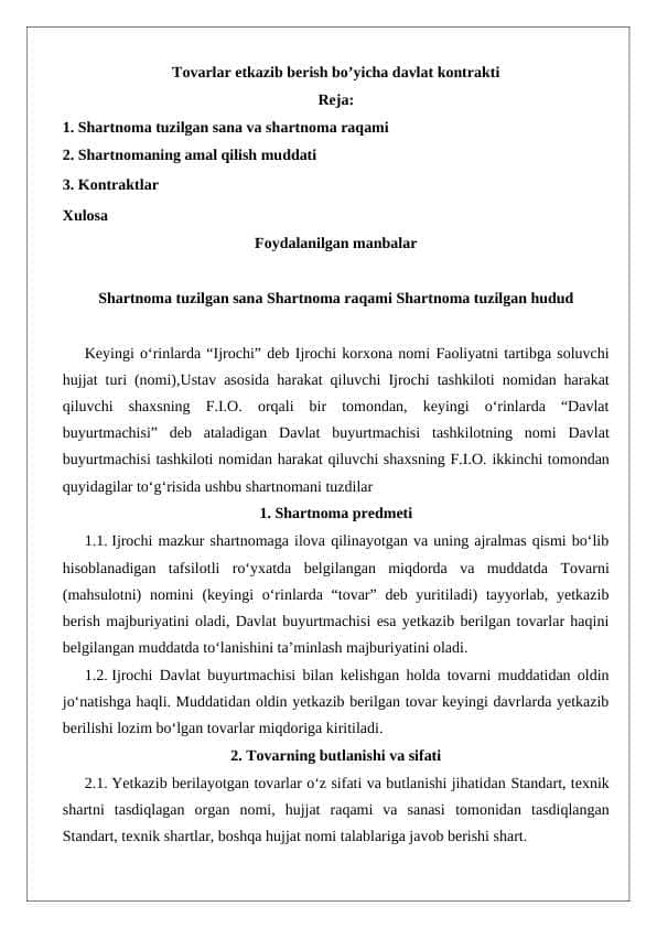 tovarlar yetkazib berish bo'yicha davlat kontrakti