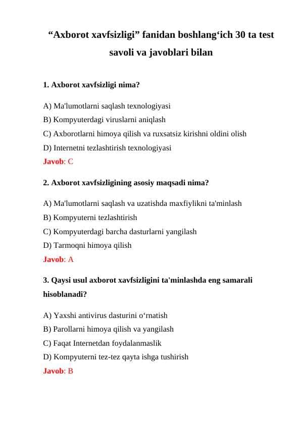 “Axborot xavfsizligi” fanidan boshlang‘ich 30 ta test savoli va javoblari bilan