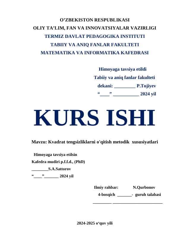 Kvadrat tengsizliklarni o'qitish metodik xususiyatlari