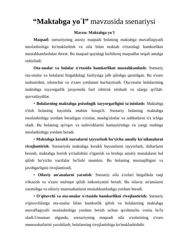 "Maktabga yo`l” mavzusida ssenariysi