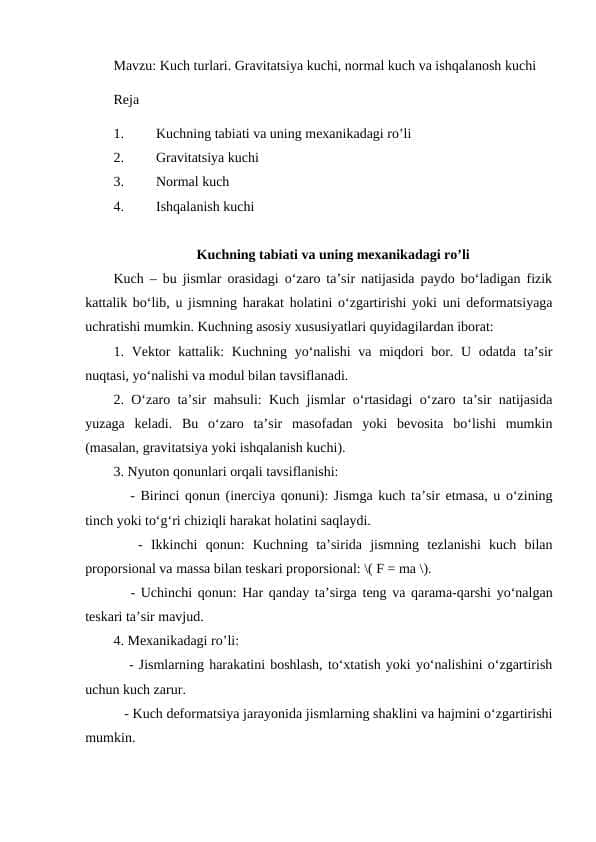 Kuch turlari. Gravitatsiya kuchi, normal kuch va ishqalanosh kuchi