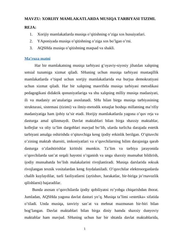 XORIJIY MAMLAKATLARDA MUSIQA TARBIYASI TIZIMI