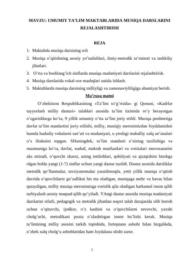UMUMIY TA’LIM MAKTABLARIDA MUSIQA DARSLARINI REJALASHTIRISH