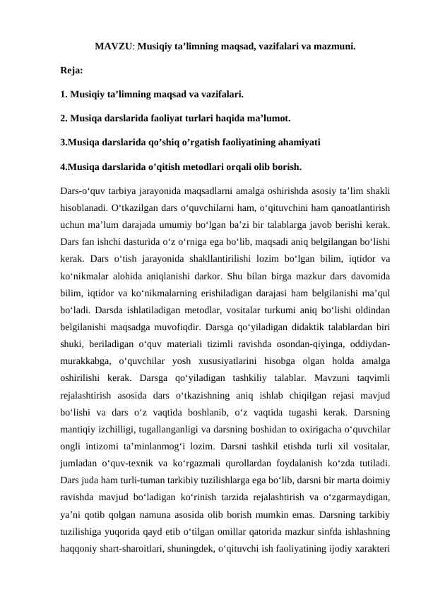 Musiqiy ta’limning maqsad, vazifalari va mazmuni.