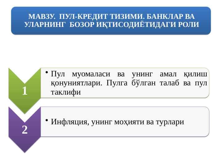 ПУЛ-КРЕДИТ ТИЗИМИ. БАНКЛАР ВА УЛАРНИНГ БОЗОР ИҚТИСОДИЁТИДАГИ РОЛИ