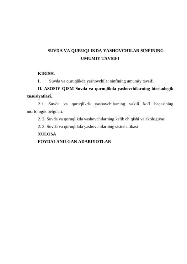 SUVDA VA QURUQLIKDA YASHOVCHILAR SINFINING UMUMIY TAVSIFI