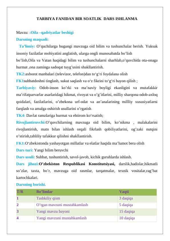 Oila –qadriyatlar beshigi dars ishlanma tarbiya fanidan