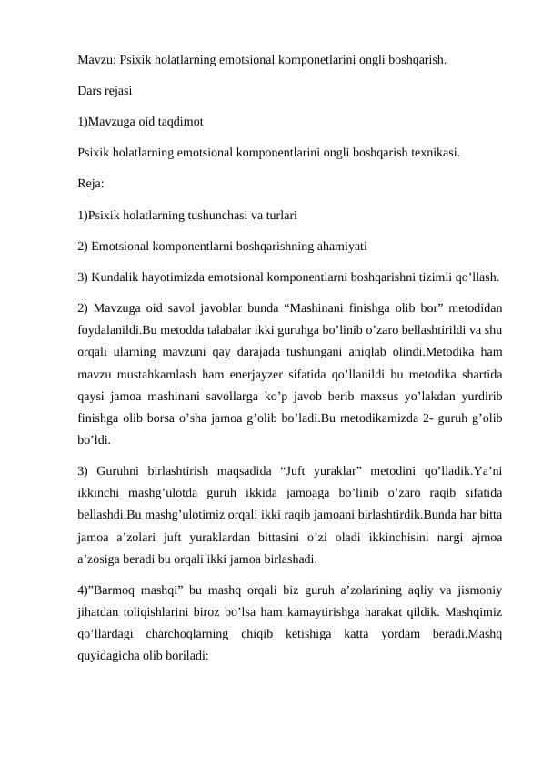 psixik holatlarning emotsional kampanentlarini ongli boshqarish