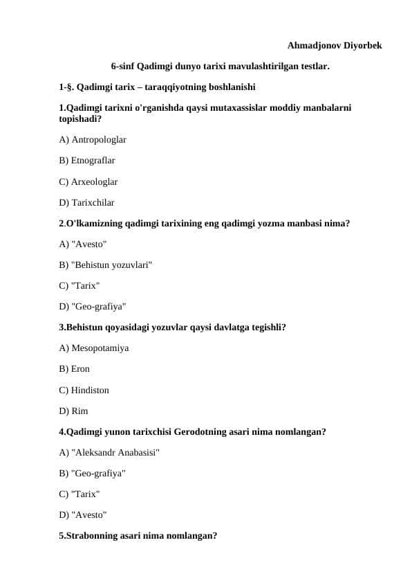 6-sinf Qadimgi dunyo tarixi mavulashtirilgan testlar barcha mavzular